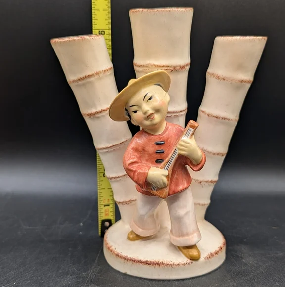 Vintage Erphila Germany Bamboo 3 Finger Vas, Asian Boy with String Instrument - Picture 9 of 12